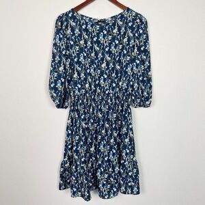 Maison Tara Floral Smocked Tiered Knee Length Dress Blue Petite 8P